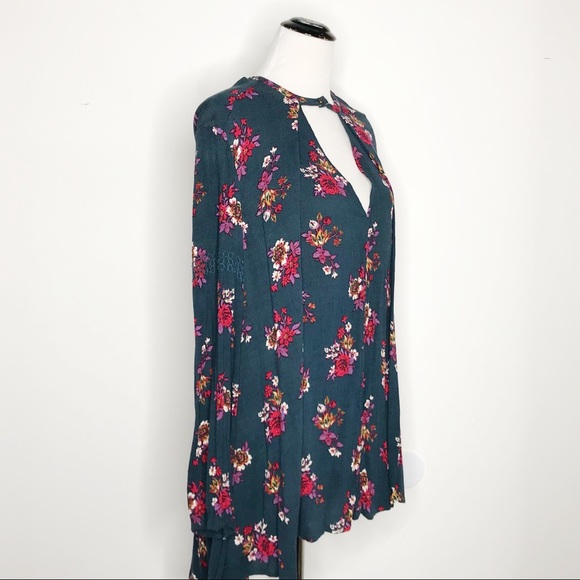 Free People Floral Keyhole Boho Tunic Mini Dress - Picture 2 of 6
